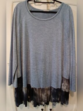 ODDY Women's Blue Long Sleeve Top, Ruffled Tie-dye Hem Size 2XL